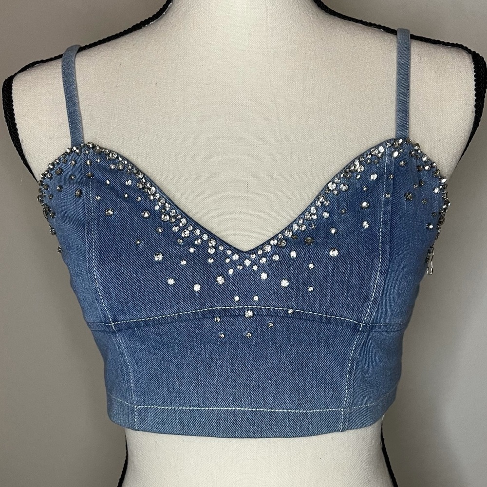BRAND NEW denim beaded crop top